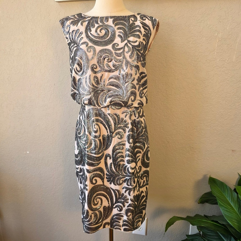 Adrianna Papell Black and Cream Sequin Midi Dress